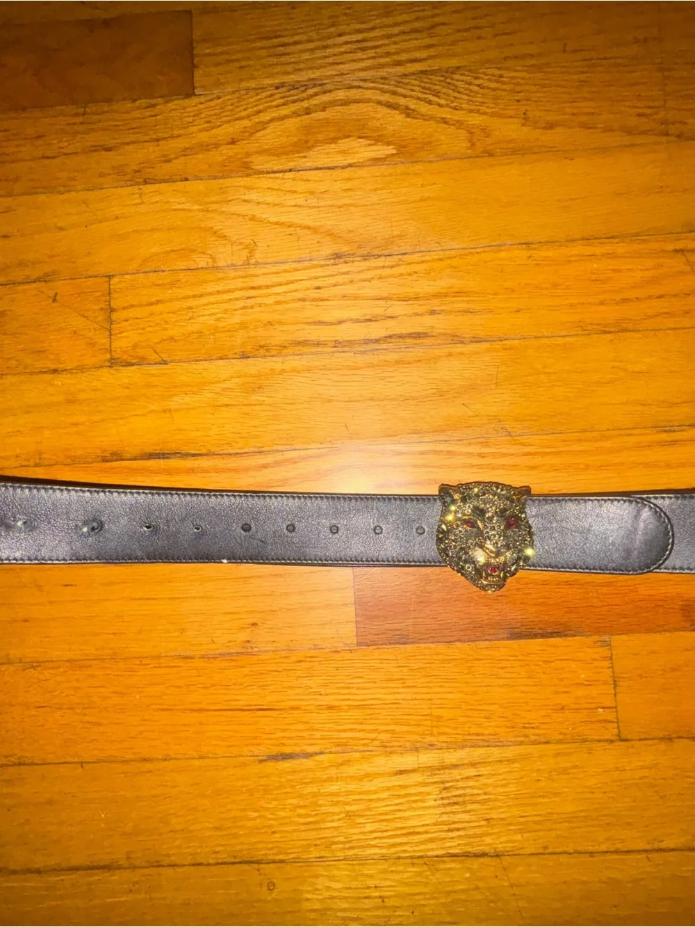 Gucci Black Leather Belt with Jeweled Jaguar Buckle